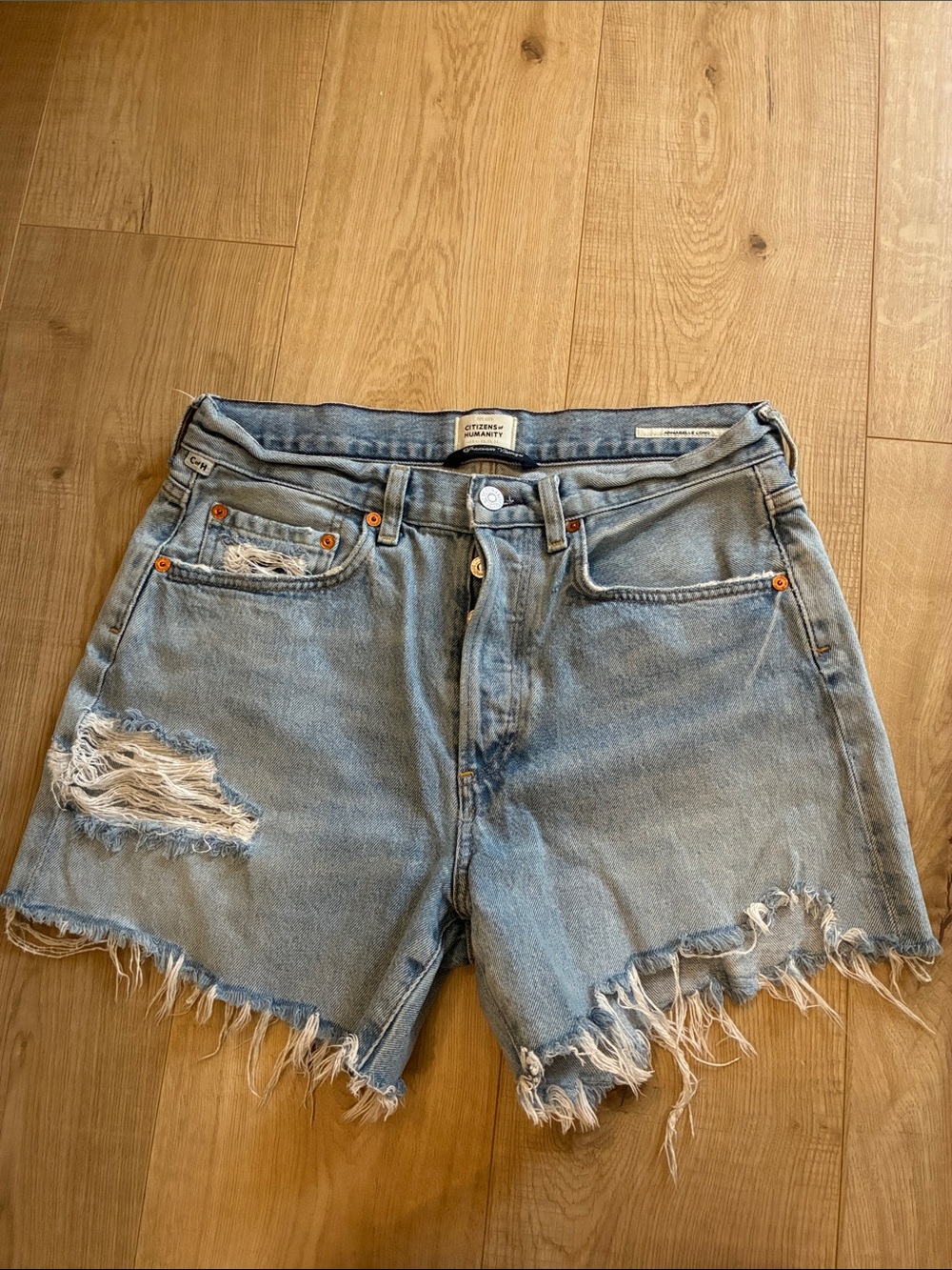 Citizens Of Humanity Washed Light Blue Distressed Denim Cutoff Shorts